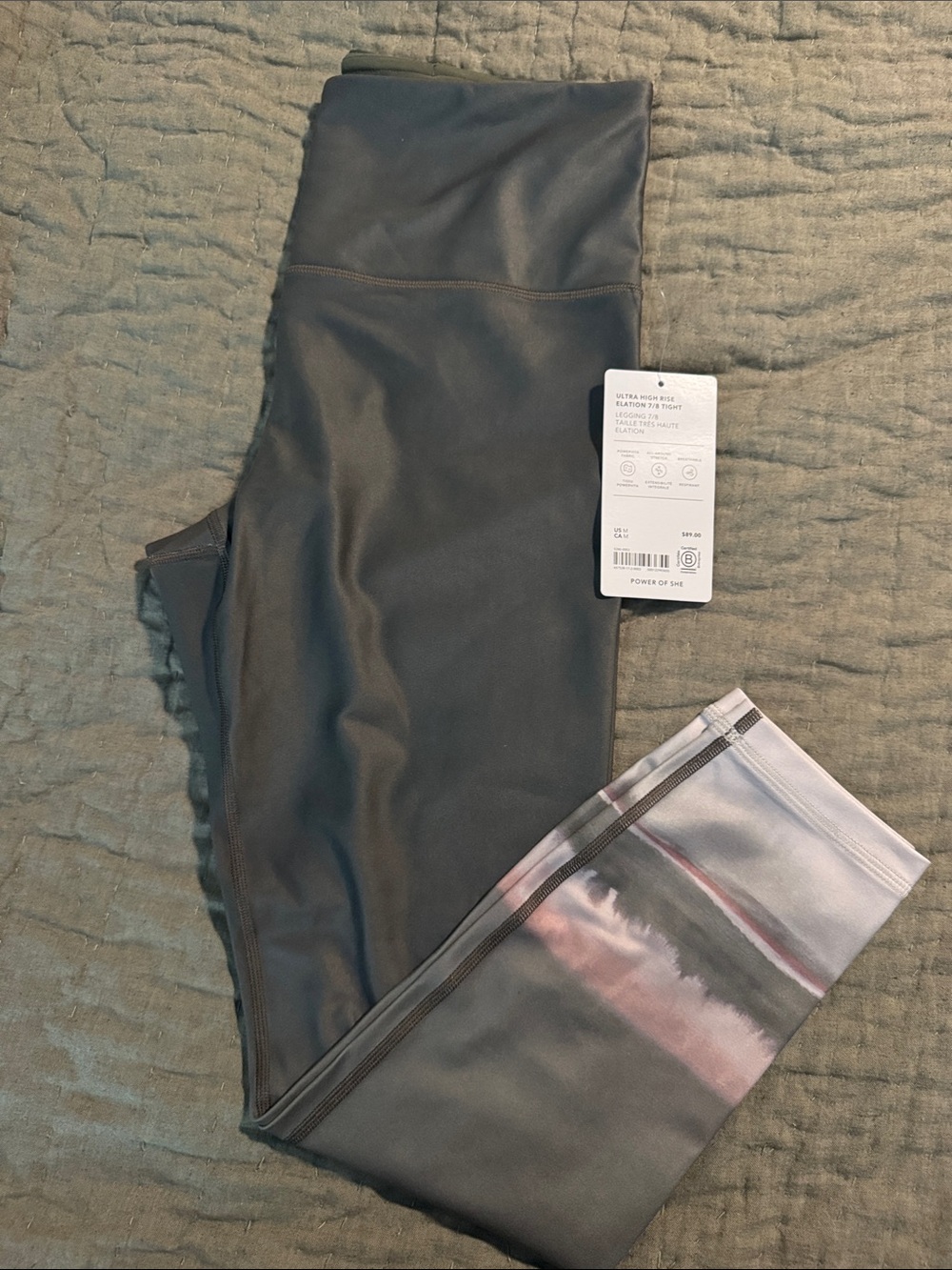 Athleta High-Waist Gray Workout Leggings with Subtle Print Hem POWER OF SHE